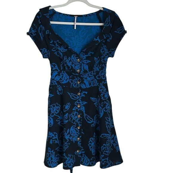 Free People Blue Floral A Thing Called Love Linen Blend A line dress Size 8 - Picture 3 of 13